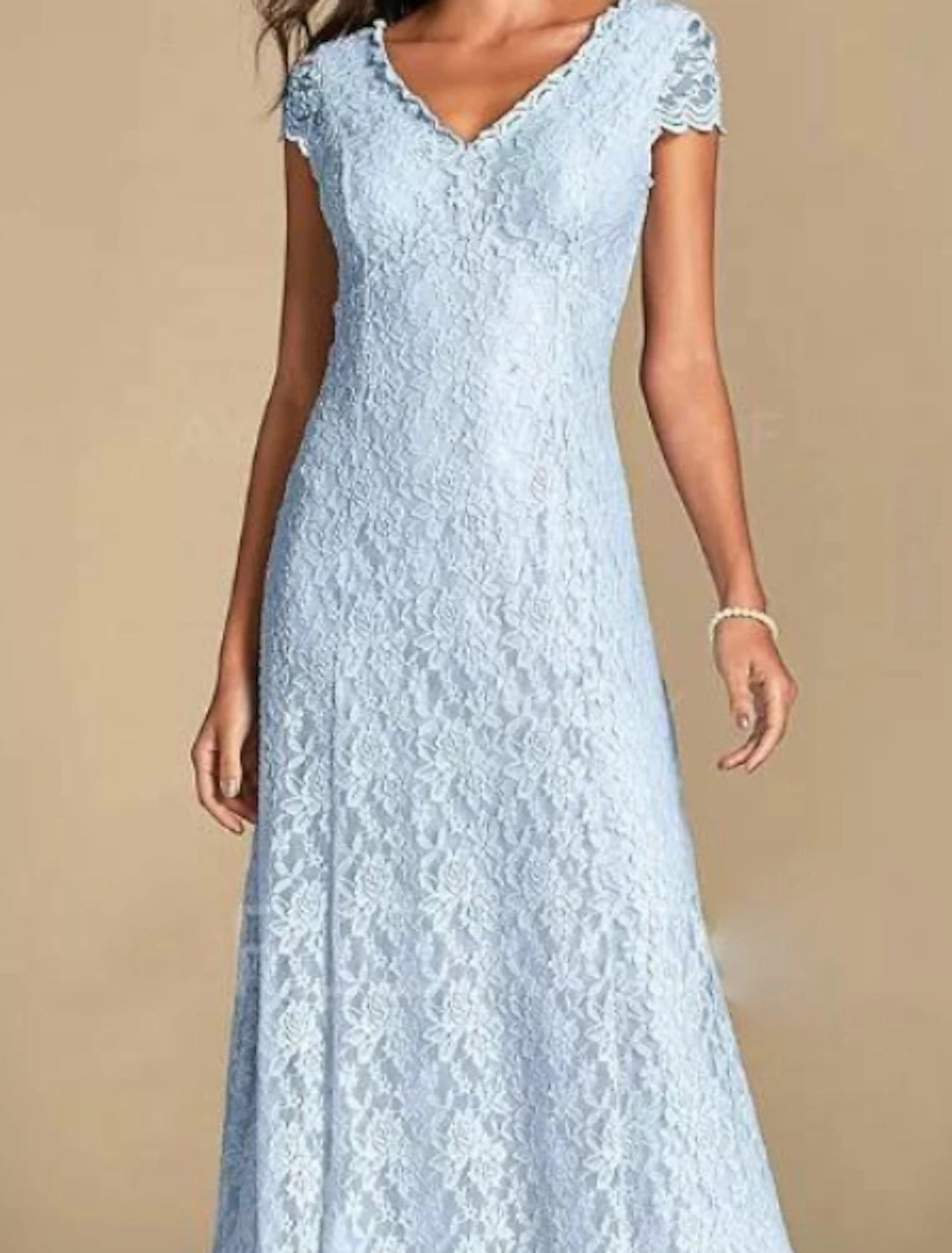 A-Line Mother of the Bride Dress Wedding Guest Plus Size V Neck Ankle Length Lace Short Sleeve with Pleats