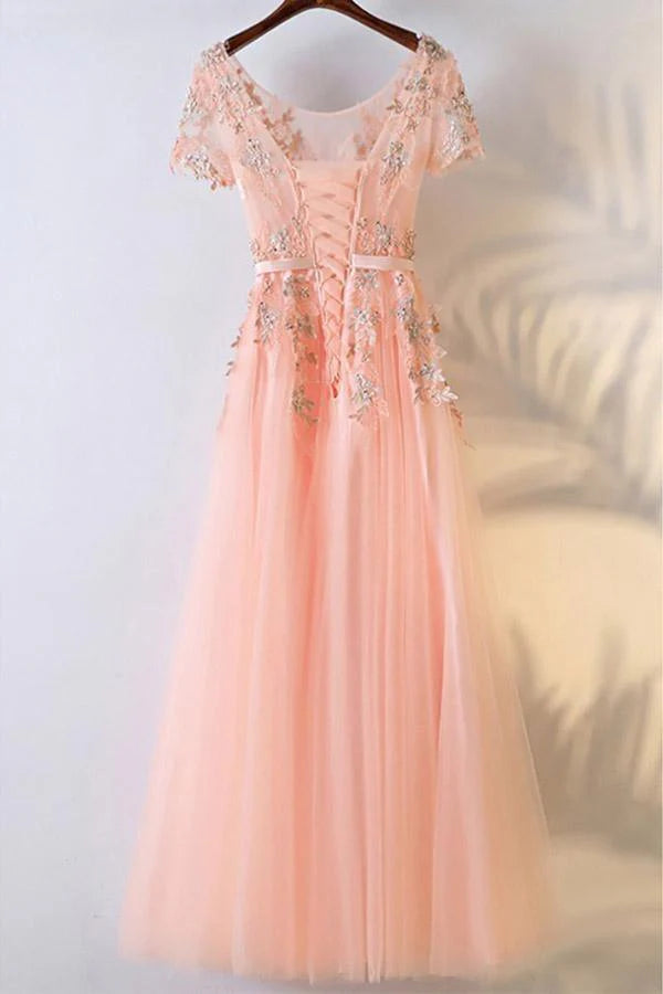 A-line Neck Round Lace Appliques Short Sleeves Tulle Prom Dresses Ball Gown