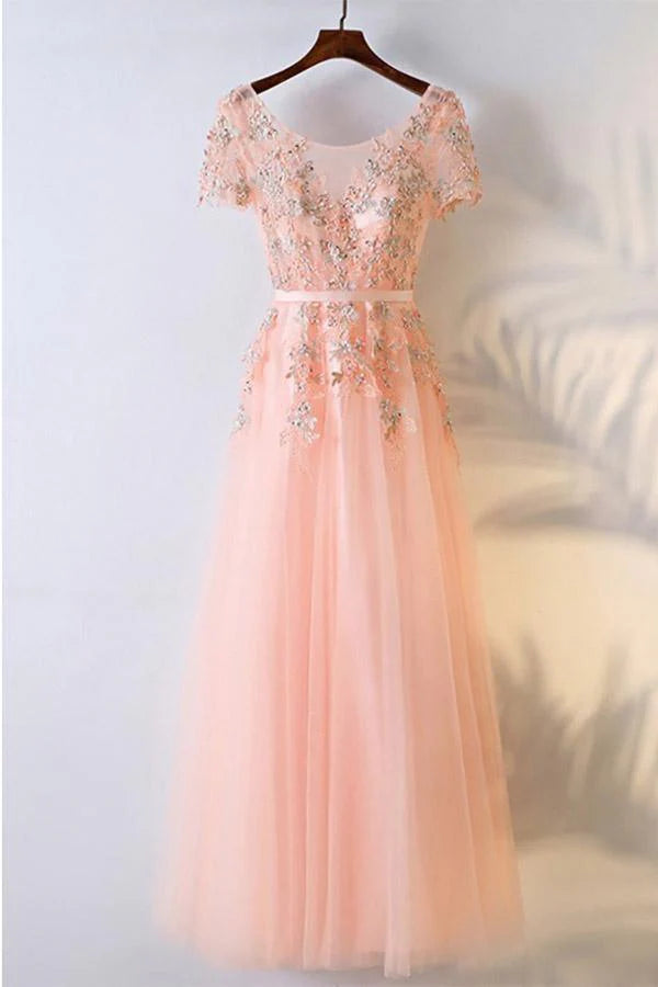 A-line Neck Round Lace Appliques Short Sleeves Tulle Prom Dresses Ball Gown
