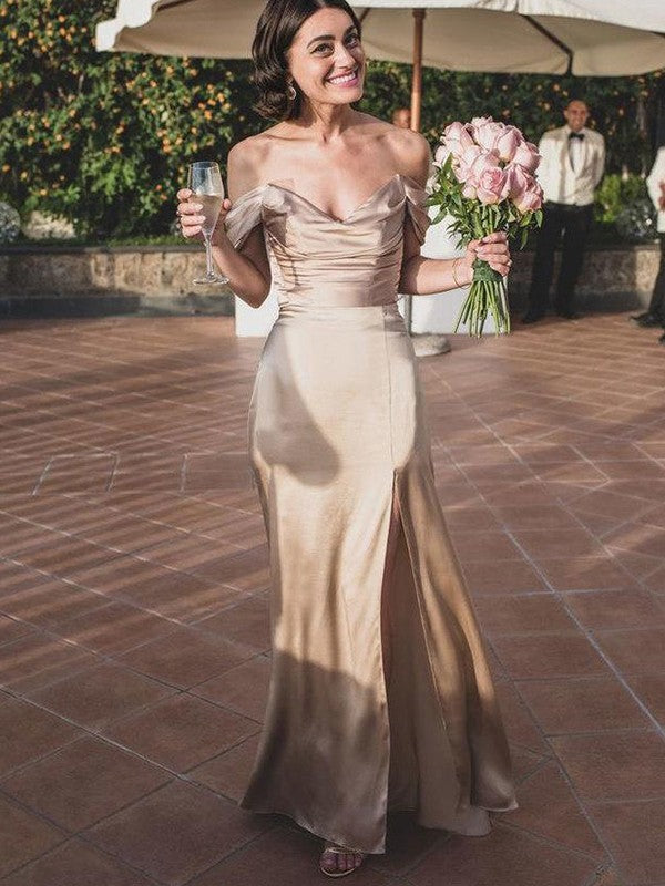 Sheath/Column Silk like Satin Ruched Off-the-Shoulder Sleeveless Floor-Length Bridesmaid Dresses
