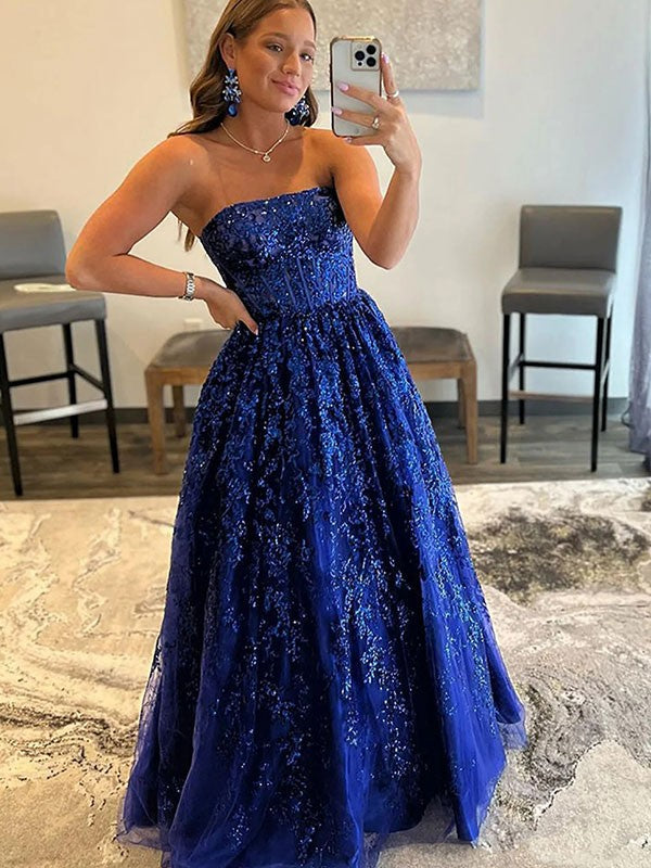 A-Line/Princess Tulle Applique Strapless Sleeveless Sweep/Brush Train Dresses