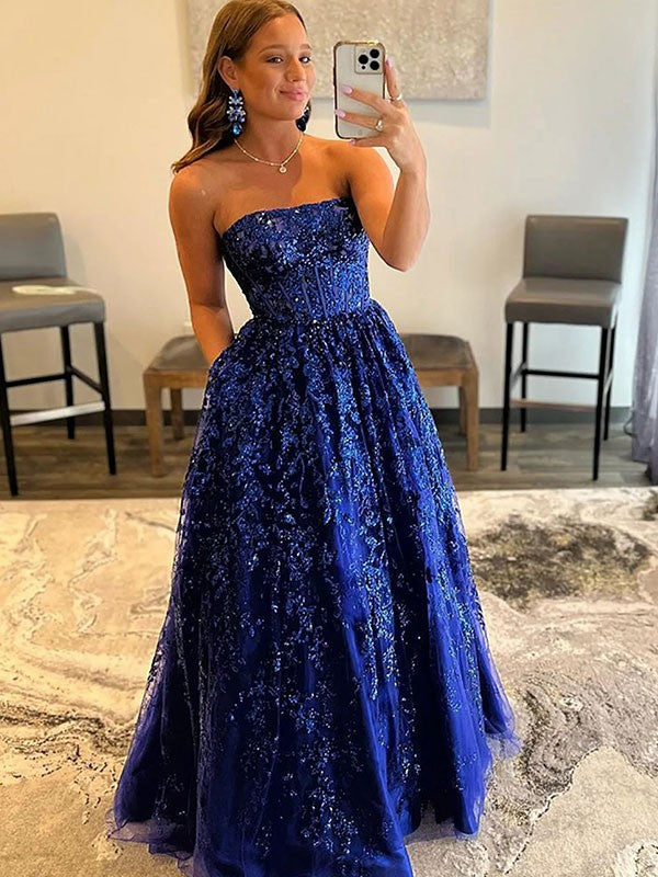 A-Line/Princess Tulle Applique Strapless Sleeveless Sweep/Brush Train Dresses