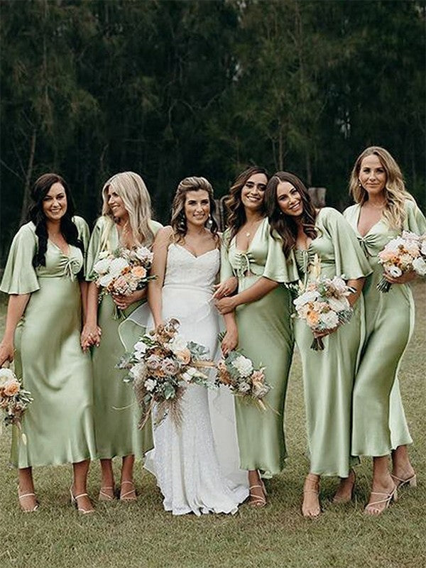 Sheath/Column Woven Satin Ruched V-neck Short Sleeves Tea-Length Bridesmaid Dresses