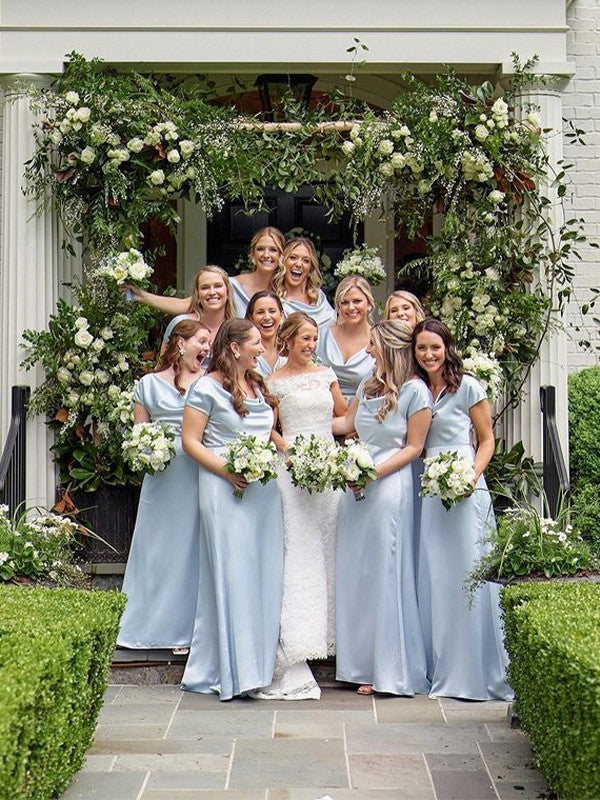 A-Line/Princess Woven Satin Ruched Scoop Short Sleeves Floor-Length Bridesmaid Dresses