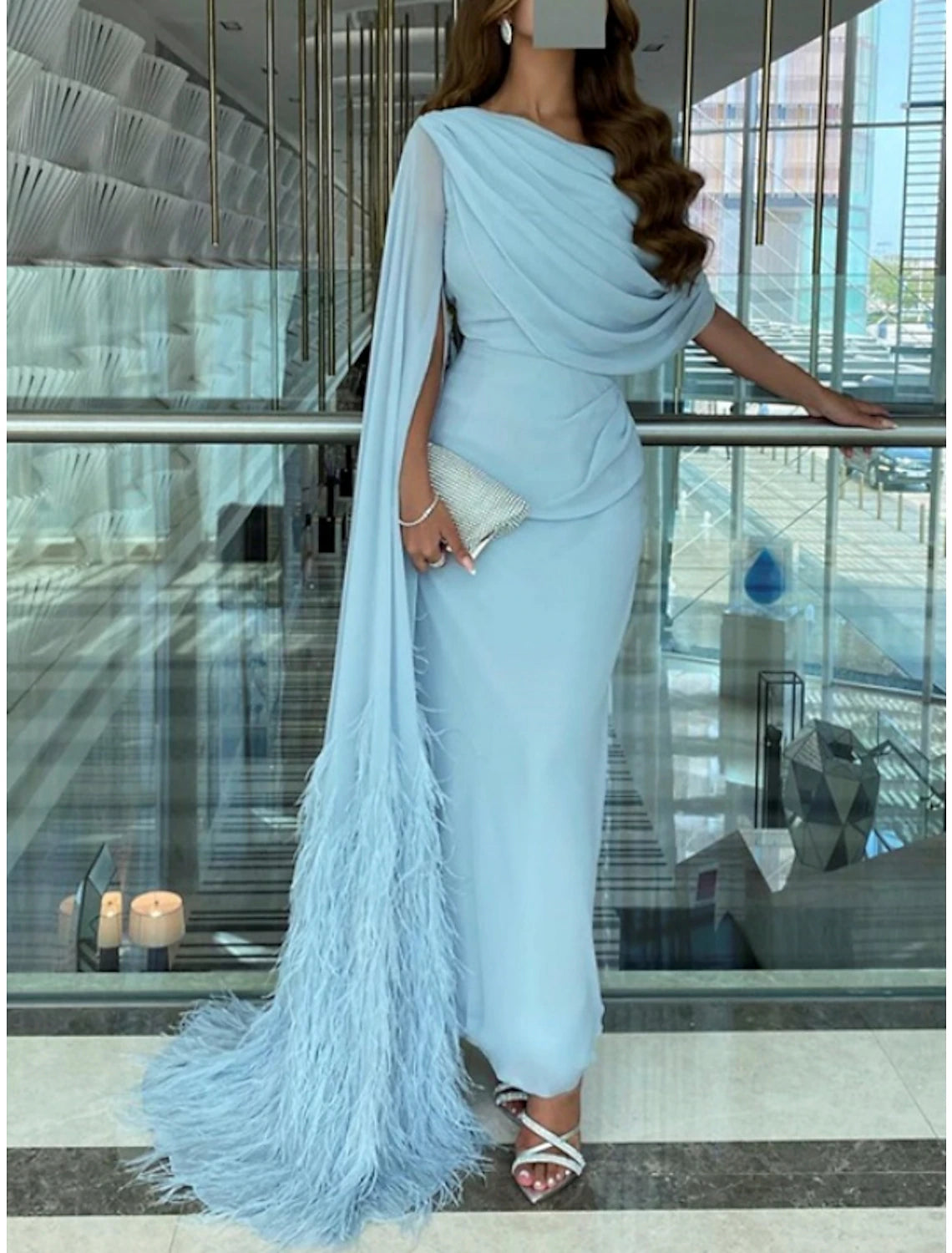 Sheath / Column Evening Gown Elegant Dress Formal Fall Sweep / Brush Train Sleeveless Cowl Neck Chiffon with Feather Ruched Slit