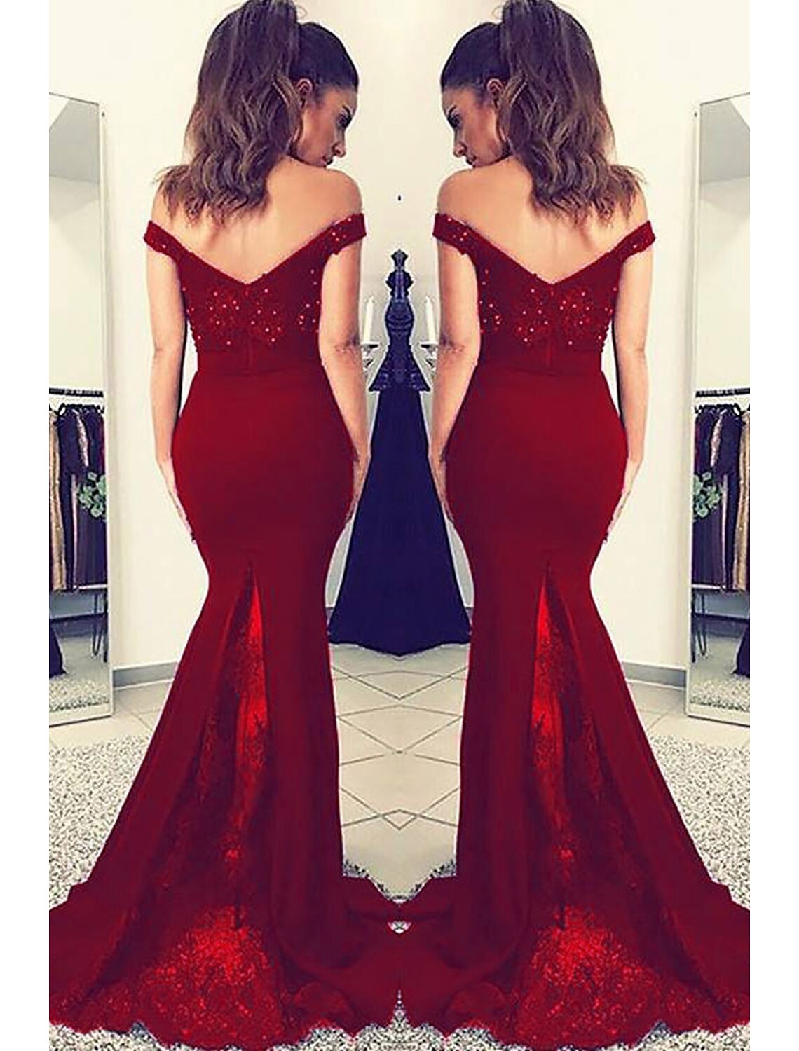 Mermaid / Trumpet Prom Dresses Sexy Dress Formal Court Train Sleeveless Off Shoulder Stretch Fabric V Back with Beading Appliques