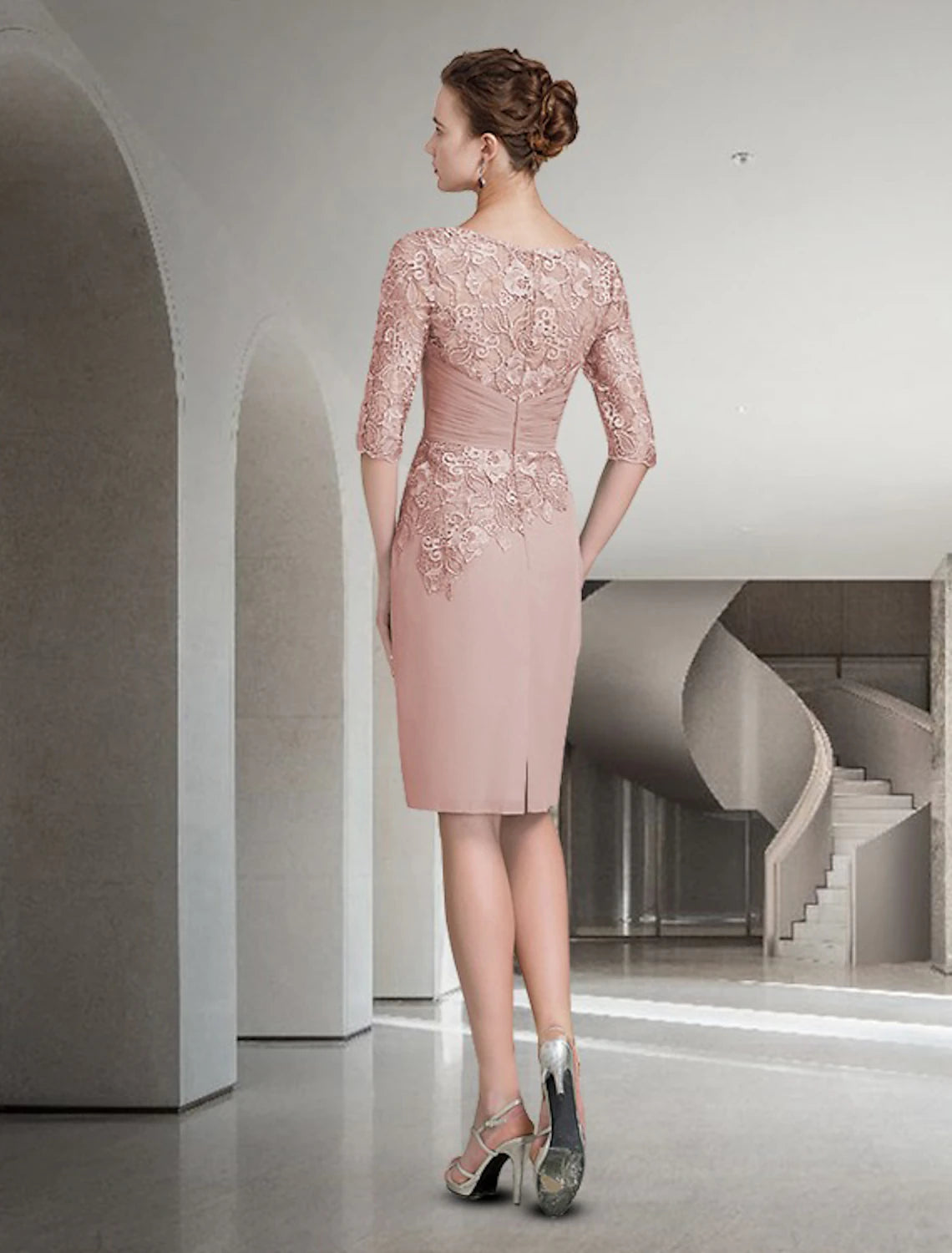 Two Piece Sheath / Column Mother of the Bride Dress Wedding Guest Church Elegant Plus Size Jewel Neck Knee Length Chiffon Lace Half Sleeve Wrap Included Jacket Dresses with Ruched Appliques