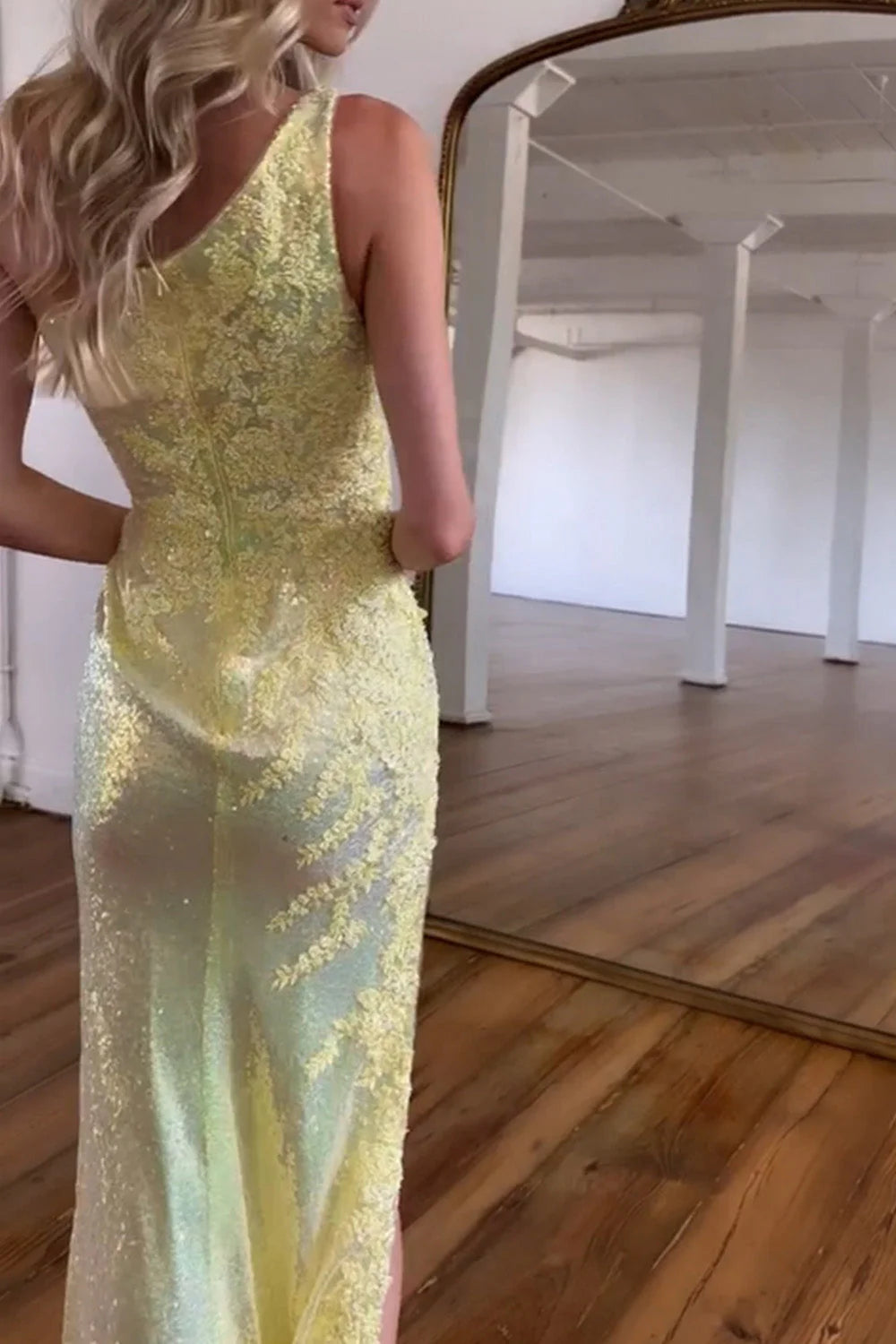 Sparkly One Shoulder Back Zipper Long Corset Prom Dress With High Split