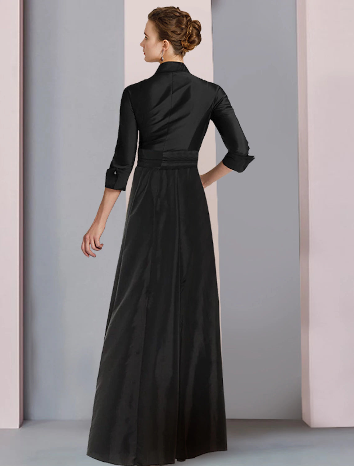 A-Line Mother of the Bride Dress Elegant Plus Size High Low Shirt Collar Asymmetrical Floor Length Satin 3/4 Length Sleeve with Sash / Ribbon Bow(s) Pleats