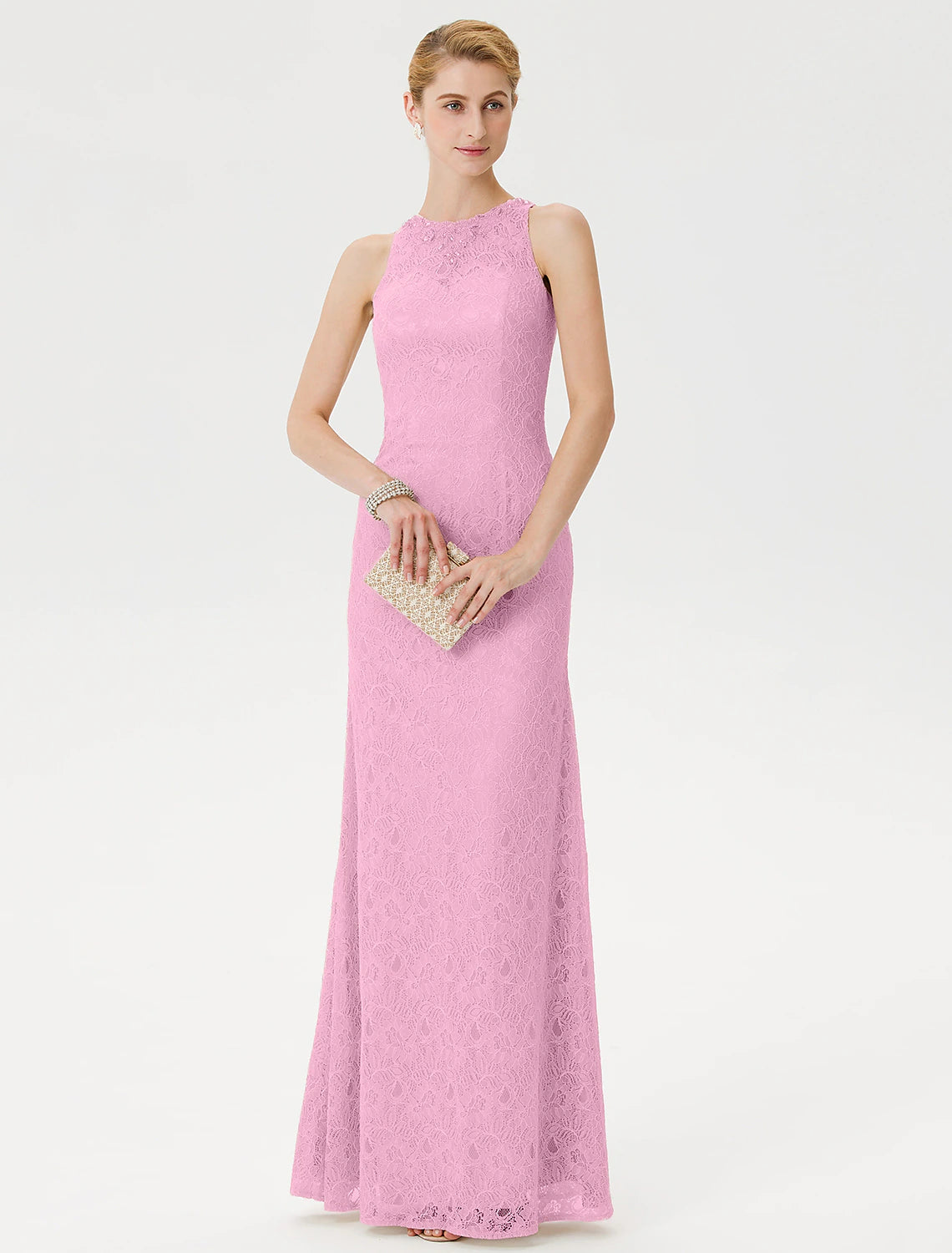 Sheath / Column Mother of the Bride Dress Elegant See Through Illusion Neck Floor Length Lace Sleeveless with Crystals Beading