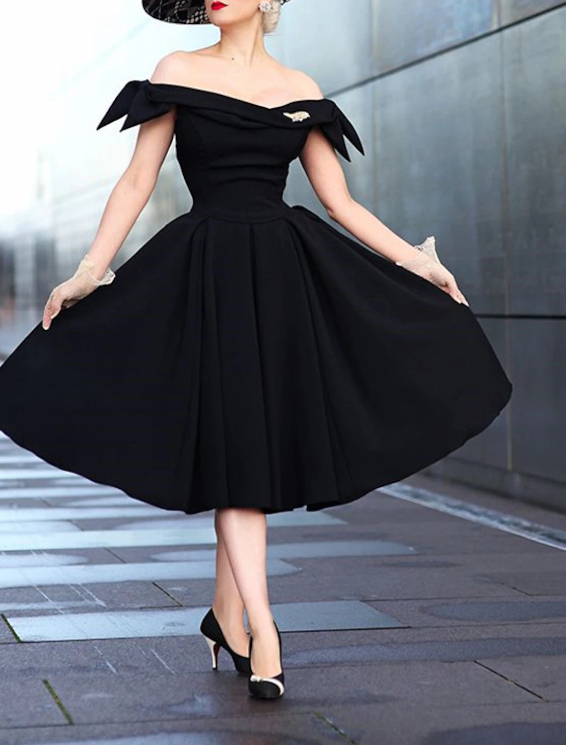A-Line Cocktail Black Dress Plus Size Vintage Dress Halloween Party Wear Tea Length Short Sleeve Off Shoulder Wednesday Addams Family Satin with Bow(s) Pure Color