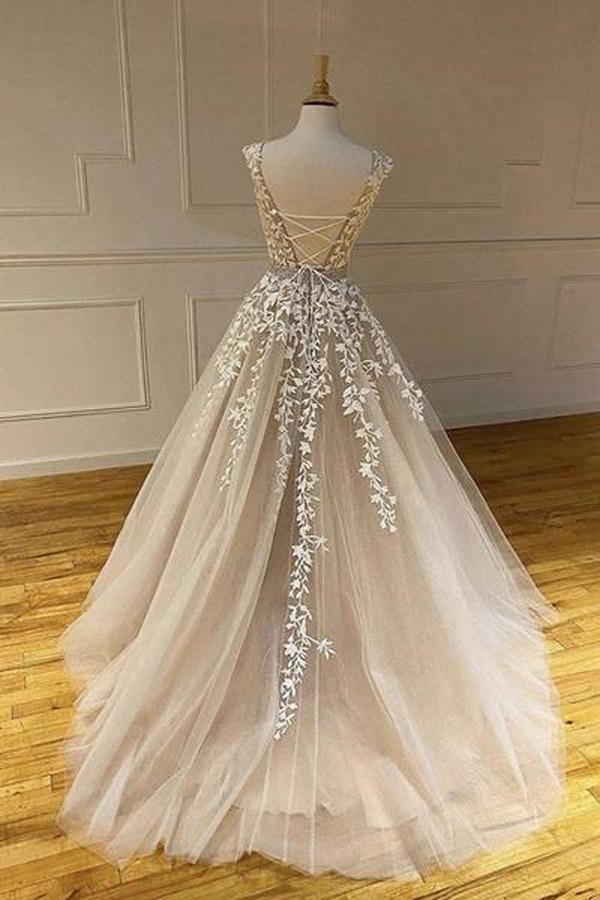 A-line Round Neck Tulle Open Back Long Prom Dress With Lace Applique