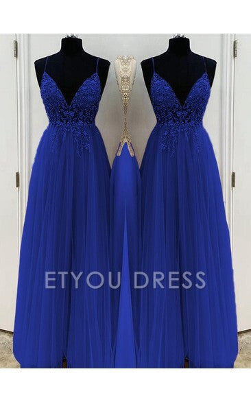 A-Line/Elegant Spaghetti Straps Sleeveless Beading Tulle Floor-Length formal dresses Bridesmaid Dresses evening gown Prom Dress With Split