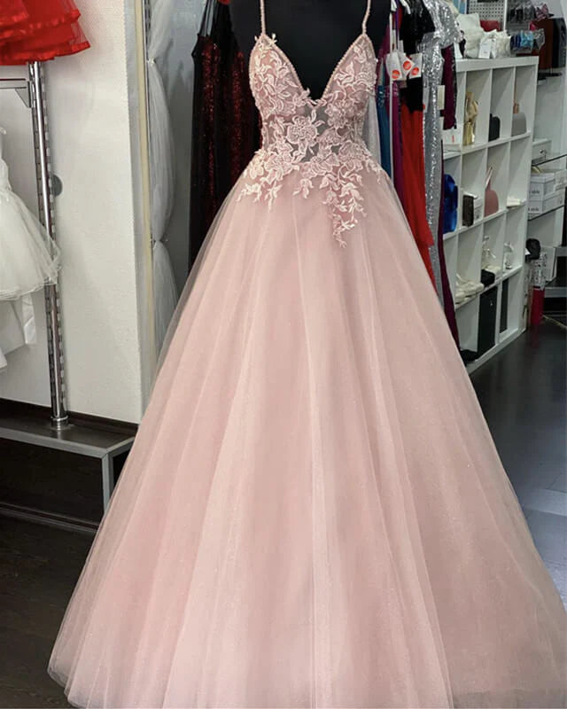 A-line Tulle V Neck Appliques Prom Dresses