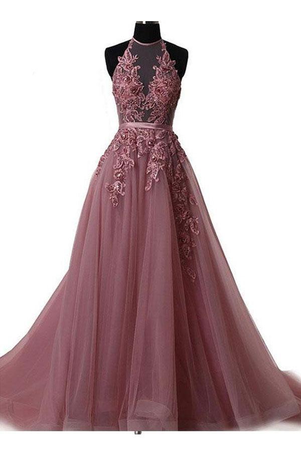 A-line Halter Train Lace Applique Simple Prom Evening Dress