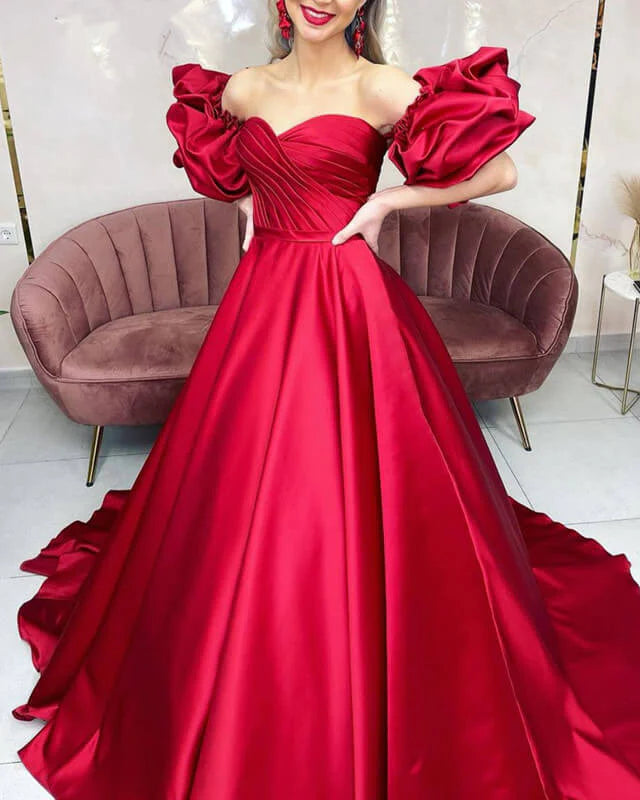 A-line Removable Sleeve Ball Gown Satin Dress Prom Dresses