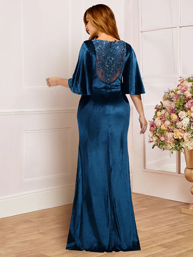 Plus Size Curve Mother of the Bride Dress Wedding Guest Vintage Elegant Scoop Neck Sweep / Brush Train Velvet Half Sleeve with Lace Pleats Beading