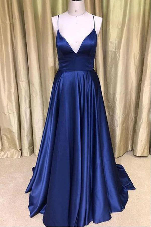 Simple V Neck Dark Green Satin Long evening gown Prom Dress