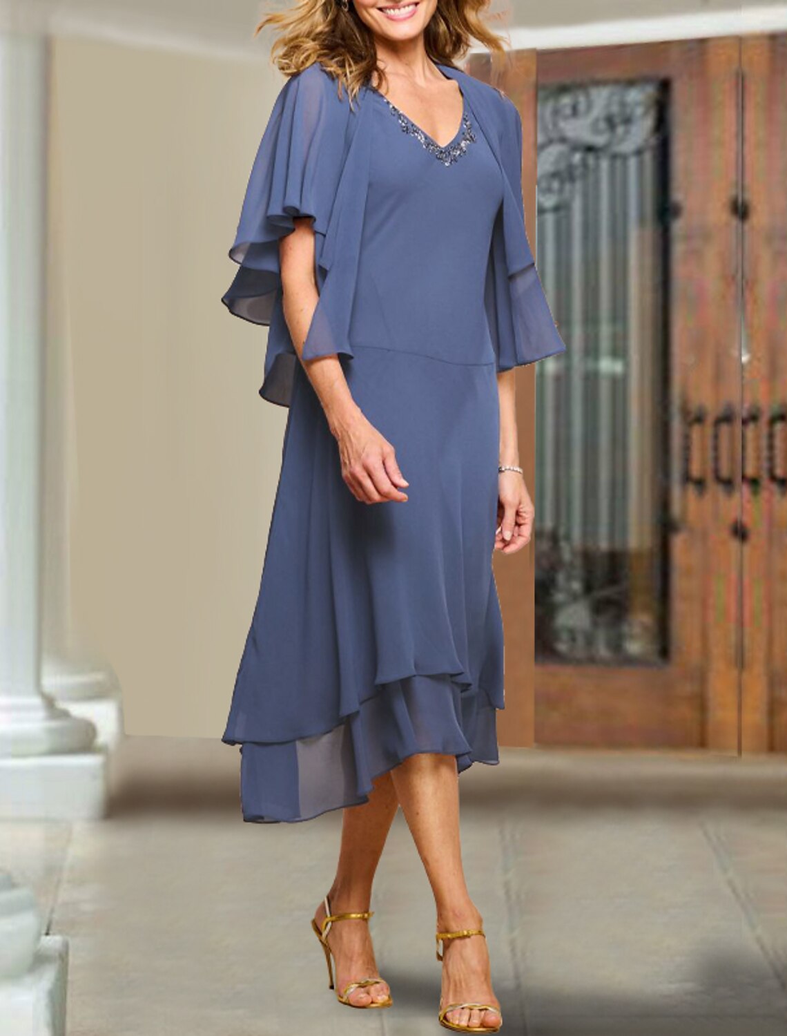 Two Piece A-Line Mother of the Bride Dress Fall Wedding Guest Plus Size Elegant V Neck Tea Length Chiffon Short Sleeve Wrap Included Short Jacket Dresses with Beading Ruffle