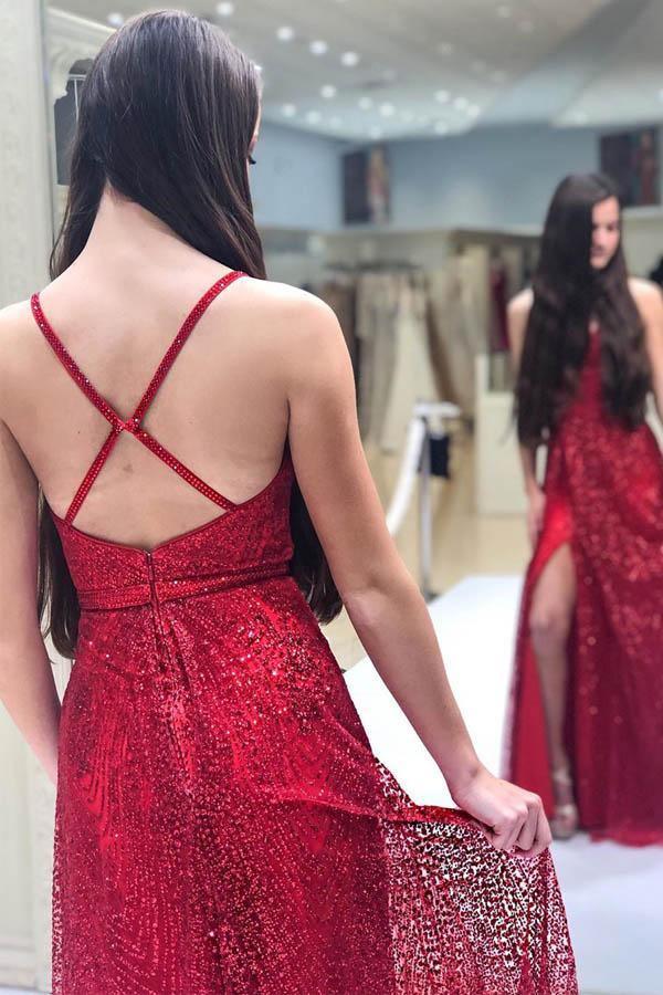 A-Line Sparkly V Neck Red Long Formal evening gown Prom Dress with Split