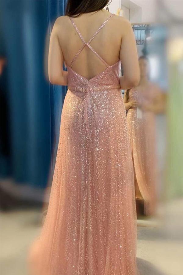 A-Line Sparkly V Neck Red Long Formal evening gown Prom Dress with Split