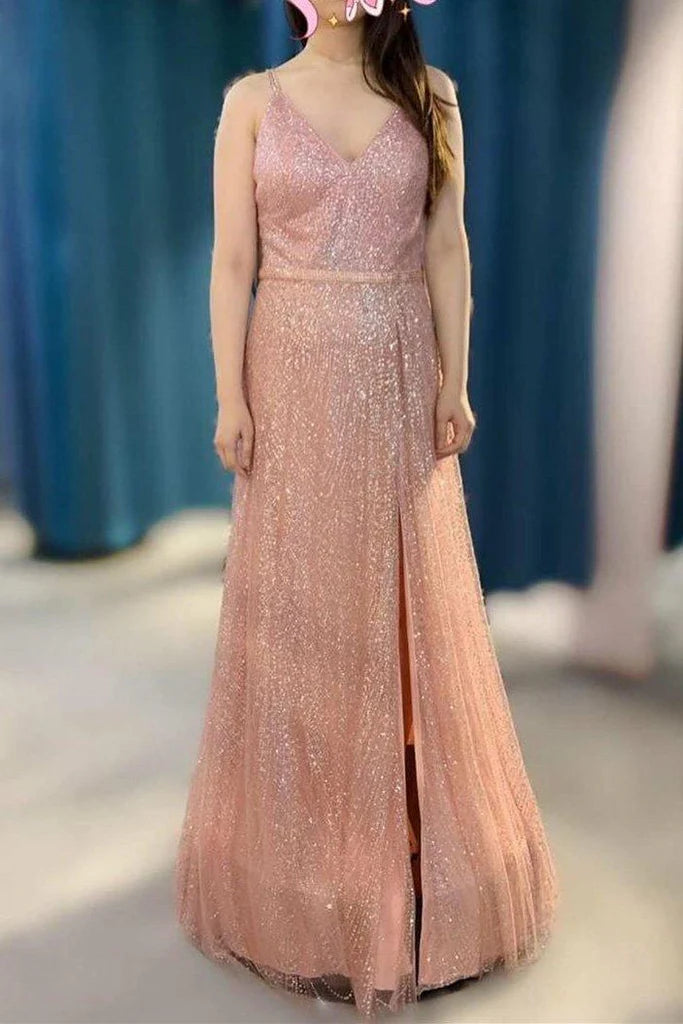 A-Line Sparkly V Neck Red Long Formal evening gown Prom Dress with Split