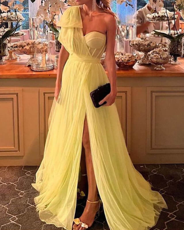 A-line Tulle Corset One Shoulder Slit Dress Prom Dresses