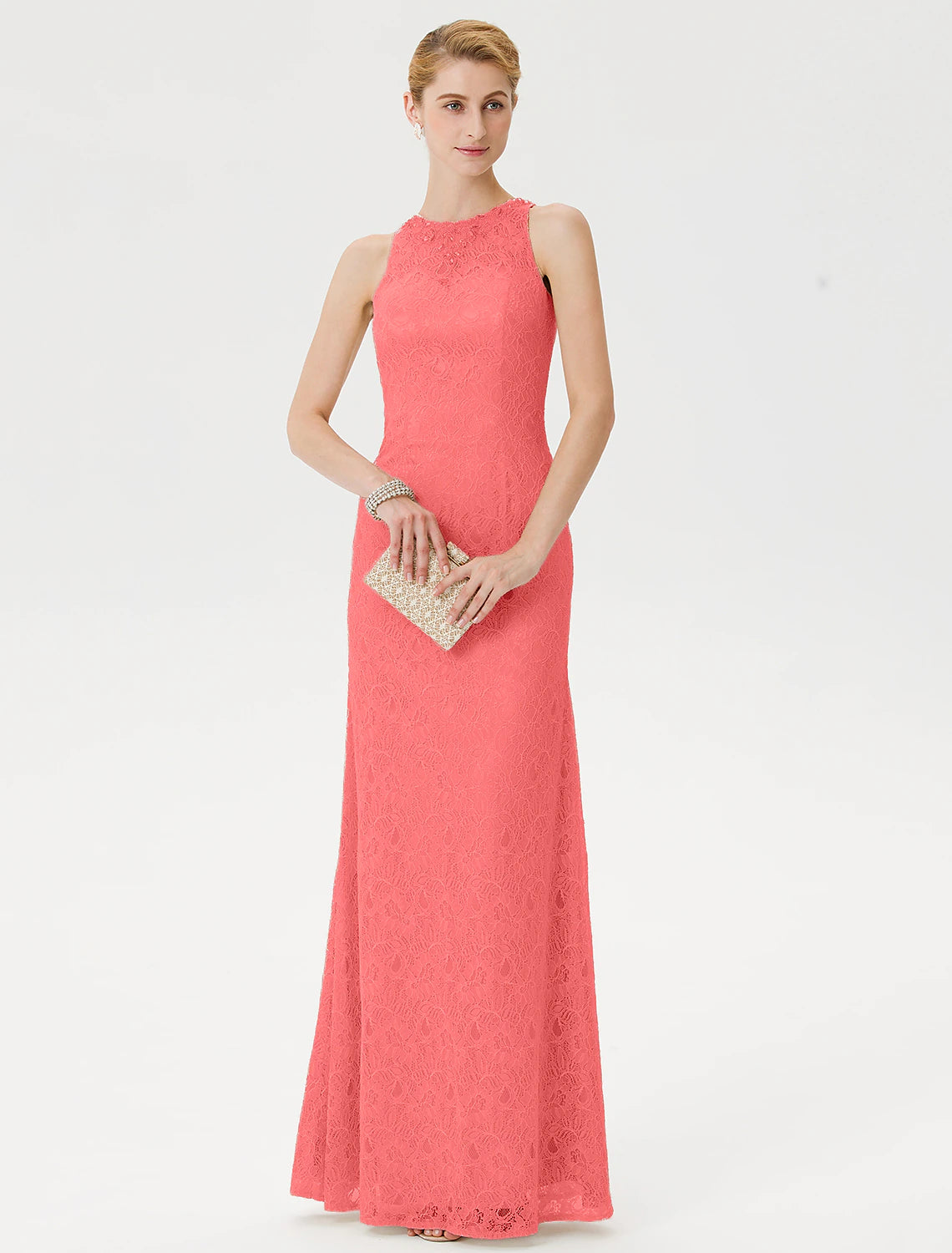 Sheath / Column Mother of the Bride Dress Elegant See Through Illusion Neck Floor Length Lace Sleeveless with Crystals Beading