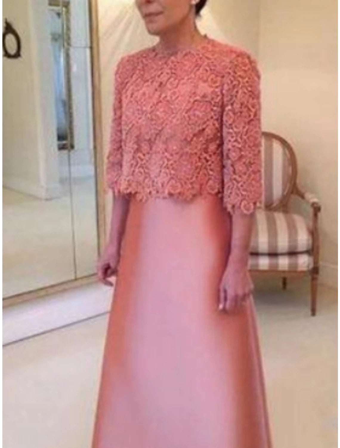 Mother of the Bride Dresses Plus Size Curve Hide Belly Wedding Guest Party Elegant Jewel Neck Floor Length Satin Lace 3/4 Length Sleeve with Bow(s)