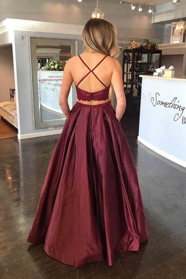 Two Piece A-Line Lace Top Spaghetti Straps Satin Burgundy formal dresses evening gown Prom Dress