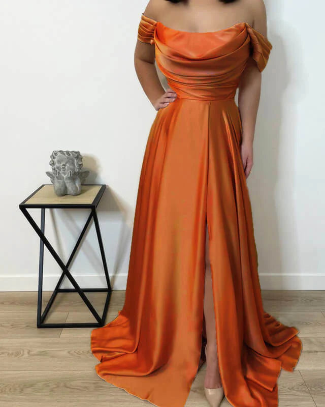 A-line Cowl Neck Off Shoulder Satin Prom Dresses With Split