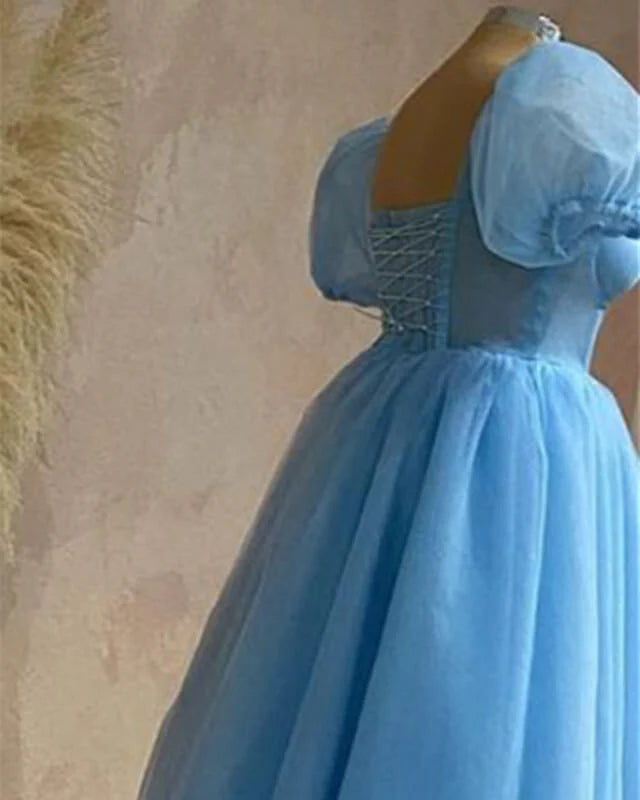 A-line Tulle Puffy Sleeve Prom Dresses
