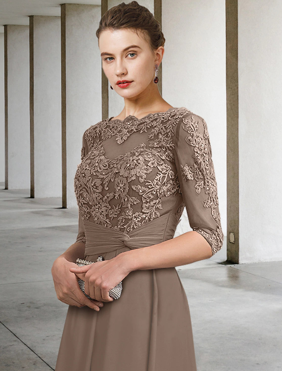 A-Line Mother of the Bride Dress Wedding Guest Elegant Plus Size Jewel Neck Ankle Length Chiffon Lace Half Sleeve with Ruched Beading Appliques