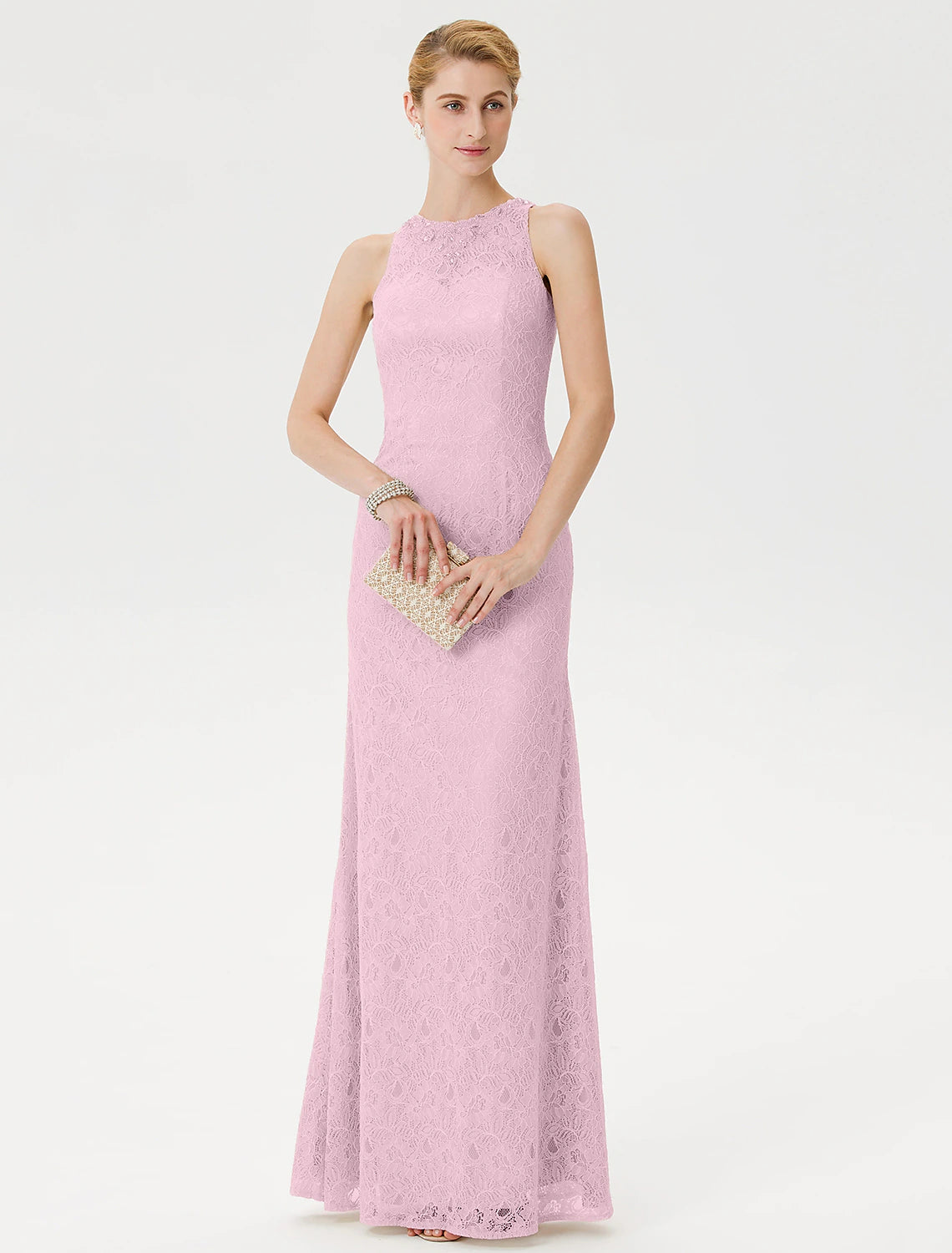 Sheath / Column Mother of the Bride Dress Elegant See Through Illusion Neck Floor Length Lace Sleeveless with Crystals Beading