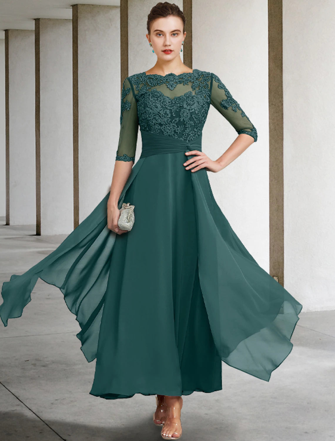 A-Line Mother of the Bride Dress Wedding Guest Elegant Plus Size Jewel Neck Ankle Length Chiffon Lace Half Sleeve with Ruched Beading Appliques