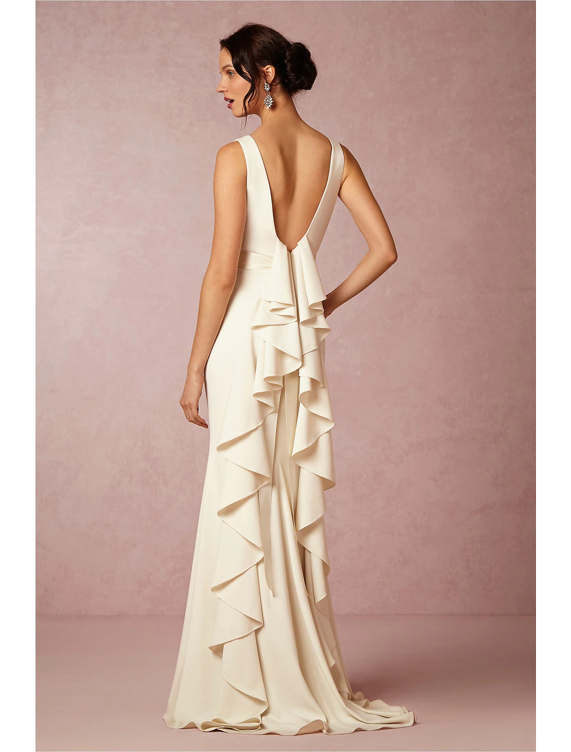 Hall Open Back Casual Wedding Dresses Sheath / Column Scoop Neck Sleeveless Sweep / Brush Train Stretch Fabric Bridal Gowns With Draping Summer Fall Wedding Party