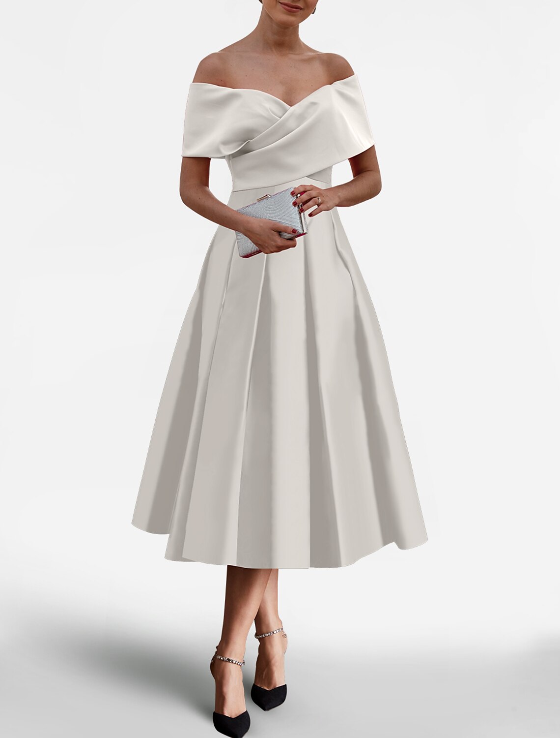 A-Line Cocktail Dresses Elegant Dress Wedding Guest Tea Length Short Sleeve Off Shoulder Satin with Pocket