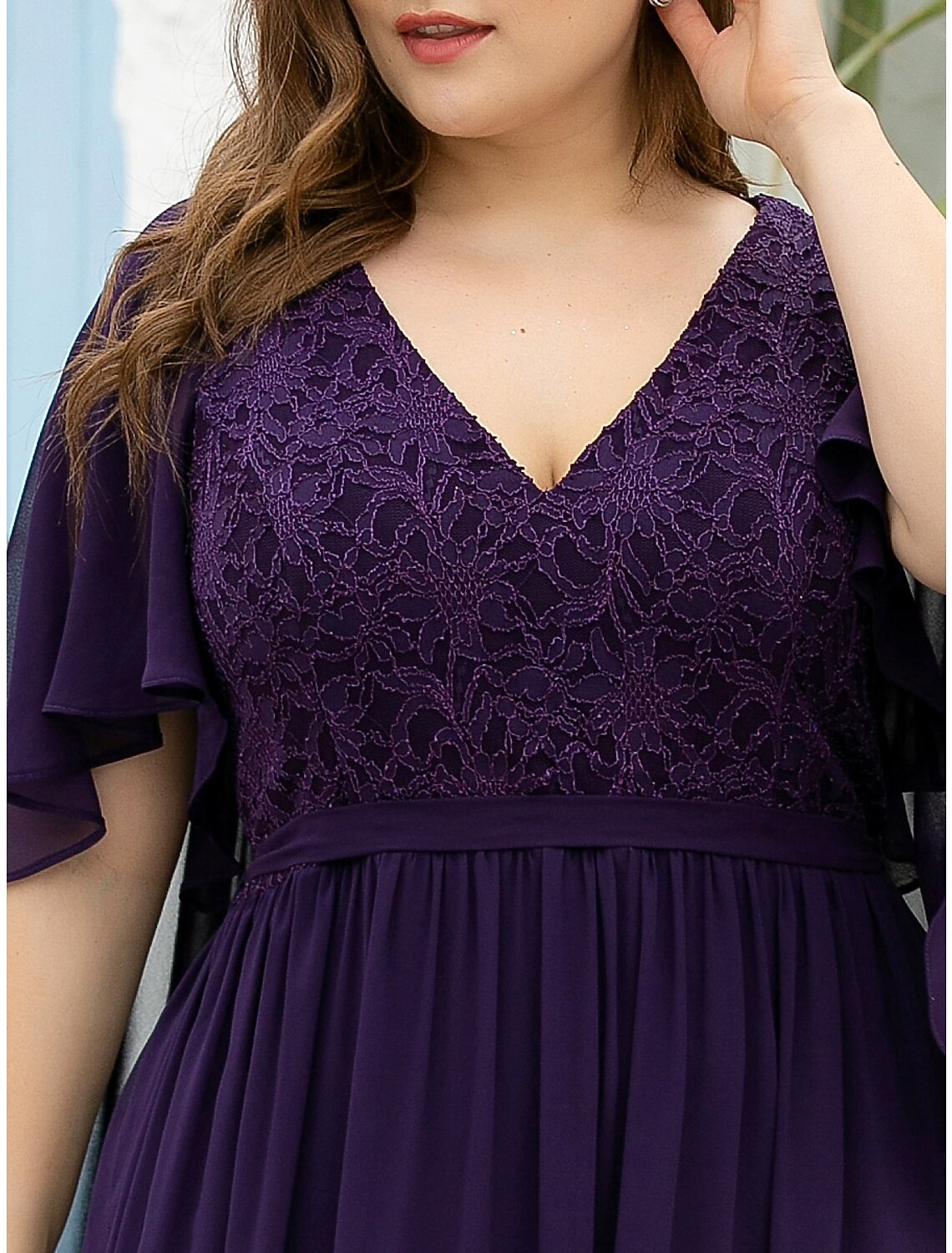 A-Line Mother of the Bride Dress Plus Size Elegant V Neck Floor Length Chiffon Tulle Half Sleeve with Sash / Ribbon