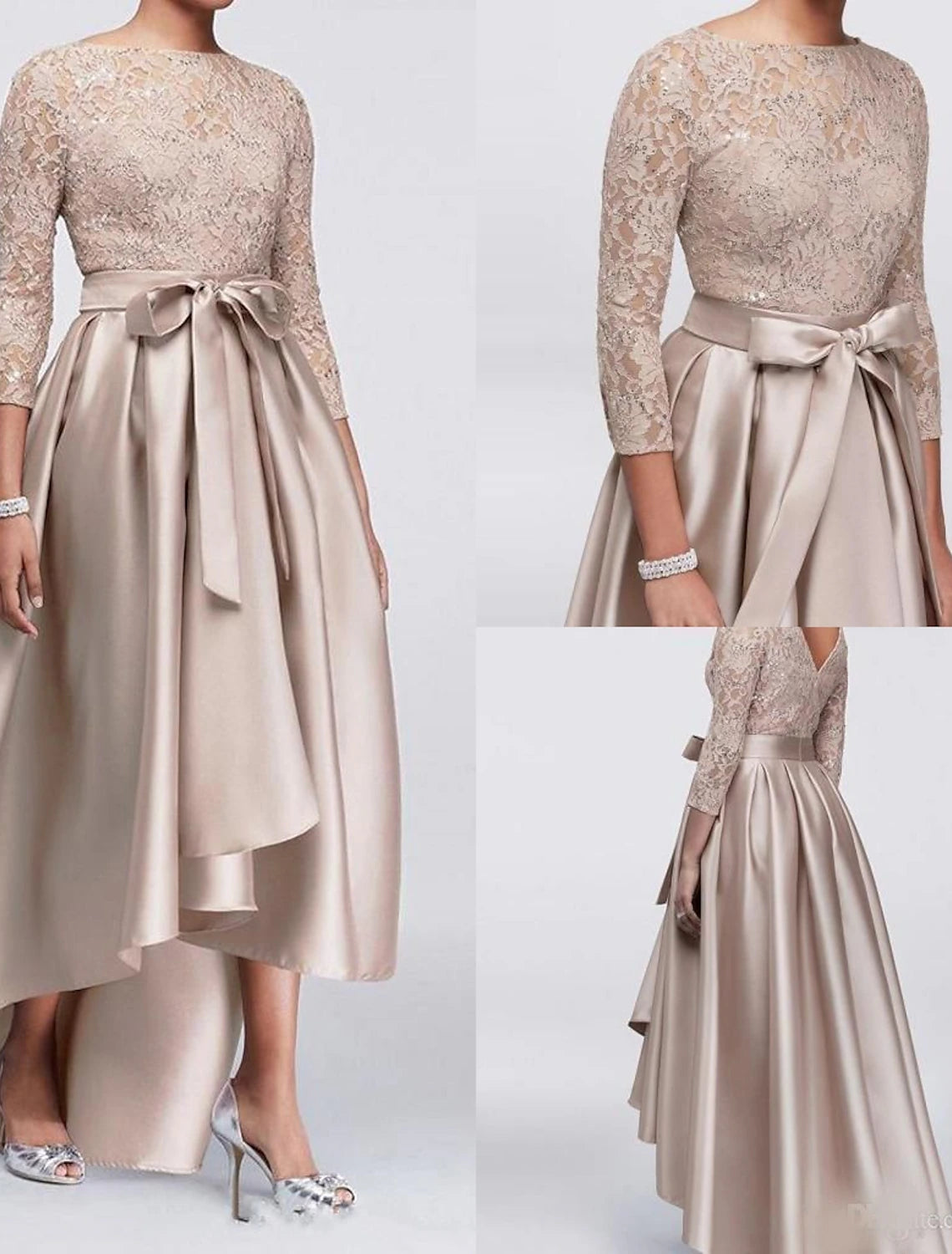 A-Line Mother of the Bride Dress Wedding Guest Elegant Plus Size High Low Jewel Neck Asymmetrical Satin Lace 3/4 Length Sleeve with Sash / Ribbon Appliques