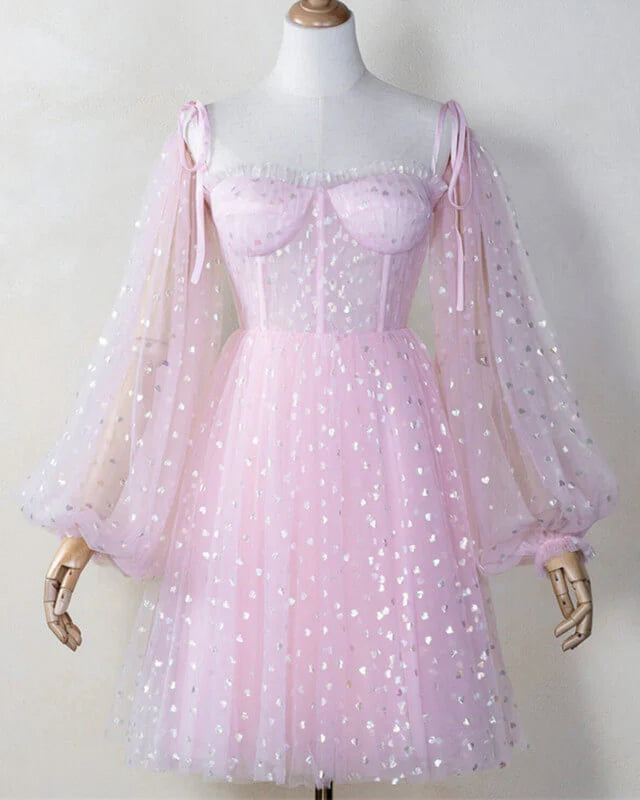 Sparkle Starry Tulle Formal Evening Gown Puffy Sleeve Prom Dress