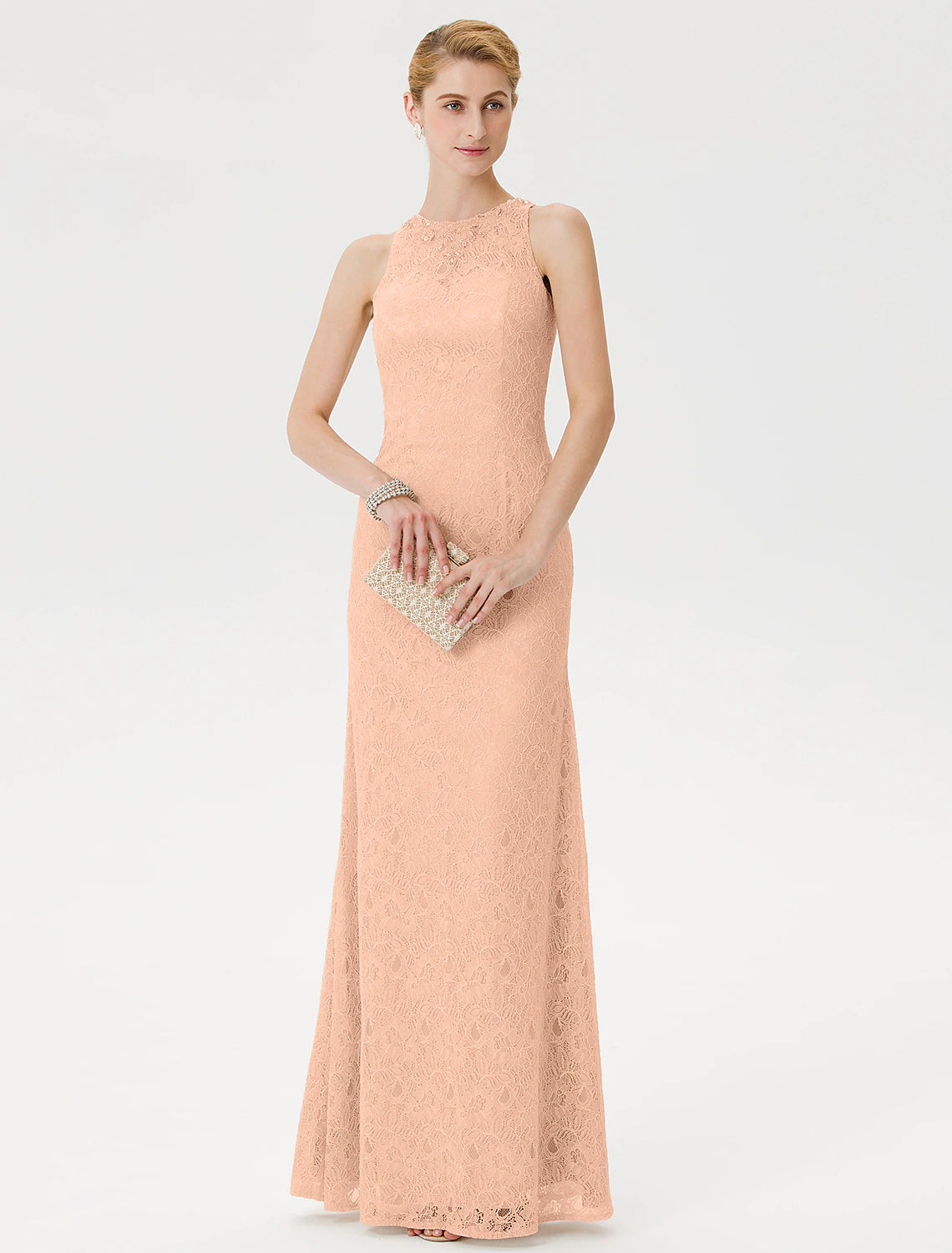 Sheath / Column Mother of the Bride Dress Elegant See Through Illusion Neck Floor Length Lace Sleeveless with Crystals Beading