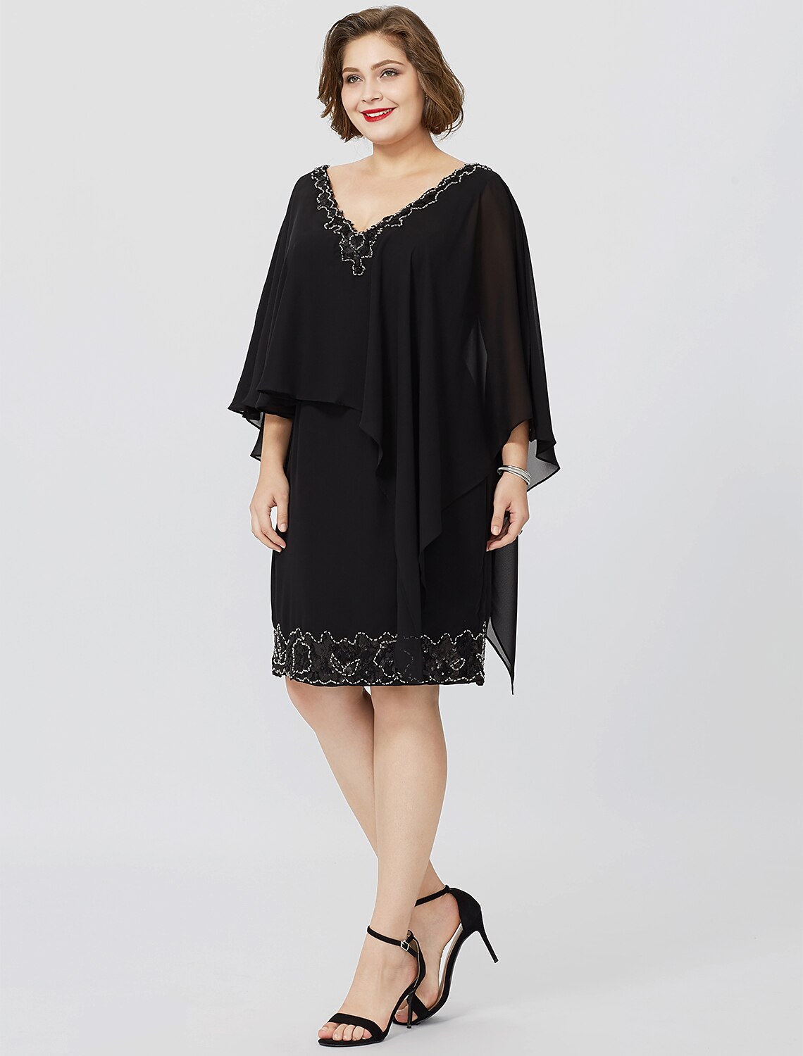 Sheath / Column Mother of the Bride Dress Formal Classic & Timeless Elegant & Luxurious Plus Size V Neck Knee Length Chiffon Sleeveless No with Crystals Beading