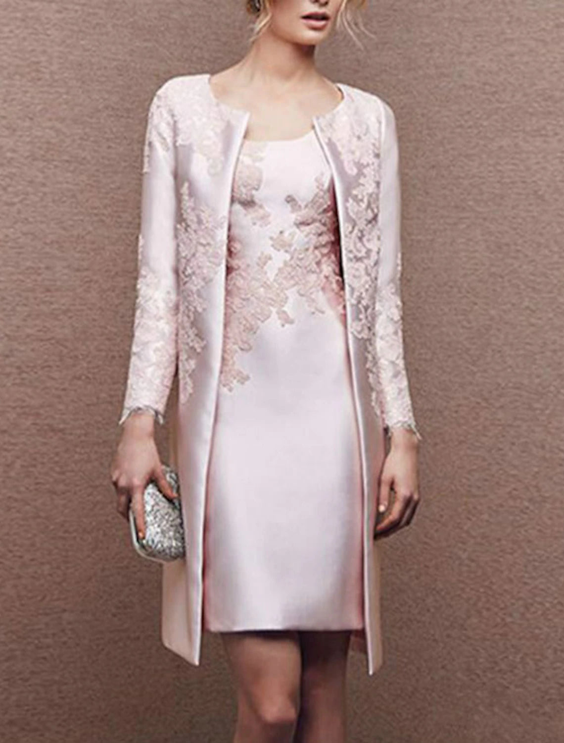 Two Piece Sheath / Column Mother of the Bride Dress Fall Wedding Guest Dresses Church Plus Size Elegant Scoop Neck Knee Length Satin Lace Sleeveless Wrap Included Jacket Dresses with Appliques